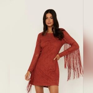 Idyllwind Rust Lace Mini Dress With Fringe